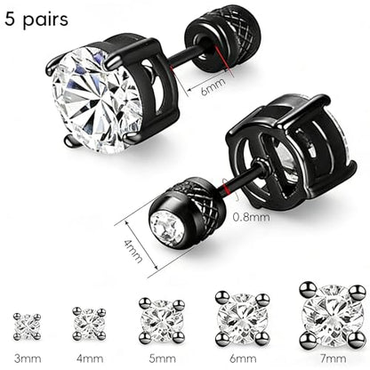 5 Pairs Screw Back Stud Earrings Set, Cubic Zirconia Stud Earring for Women Men Hypoallergenic 316L Surgical Stainless Steel Round Cut CZ 3-7mm - color: Black Gold Plated
