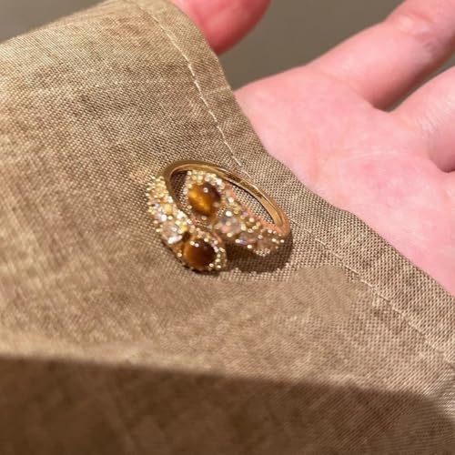 Tiger's Eye & Crystal Stackable Open Ring Adjustable Gold Tone Boho Statement Rings for Women - color: Gold 03