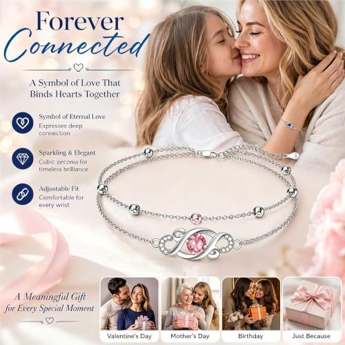Dorunmo Birthstone Infinity Love Bracelet for Women 925 Sterling Silver Sparkling Gemstone Double Layered Adjustable Bracelets Birthday Jewelry Gifts for Mom Women - color: 10-Oct-Pink