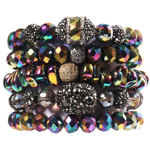 Yomisa 5PCS 6PCS Natural Boho Beaded Bracelets/Bangle for Women Men,Healing Turquoise Jasper Agate Crystal Gemstone Stone Chakra Multilayer Wrap Bohemian Handmade Jewelry Beads Stretch Bracelet Set - color: 5PCS-hematite