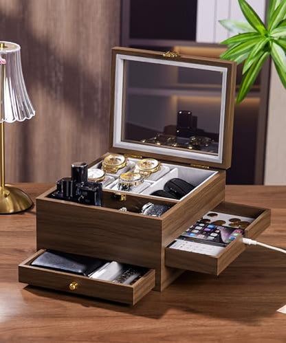 Homde Wooden Watch Box for Men: 3-Layer Organizer with 4 Watch Pillow | 4 Watch Pillows and 2 Drawers for Jewelry and Accessories-Nightstand Display-Clear Lid and Charging Hole for Easy Access