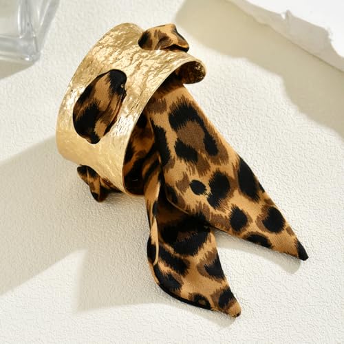 Chunky Gold Hammered Bracelets for Women, Leopard Print Scarf Big Golden Stainless Steel Cuff Bangle Silk Styling Charm Stackable Statement Jewelry Gifts - color: 3.5CM-Gold