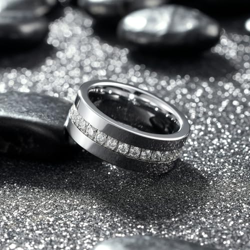 King Will Mens Tungsten Wedding Band with Cubic Zircon Inlay 7mm/8mm Flat Cut Comfort Fit Engagement Rings - color: Silver&White