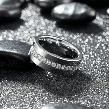 King Will Mens Tungsten Wedding Band with Cubic Zircon Inlay 7mm/8mm Flat Cut Comfort Fit Engagement Rings - color: Silver&White