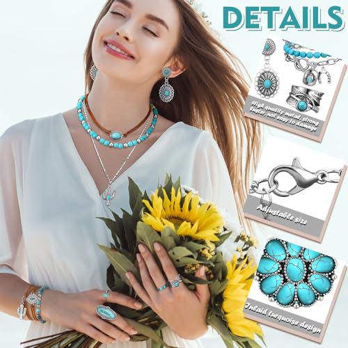 Inbagi Maitys 15 Pcs Halloween Jewelry Women Chain Necklace Bracelet Stud Earrings Hoops Bracelet Big Circle Earring Rings Set - style: Turquoise