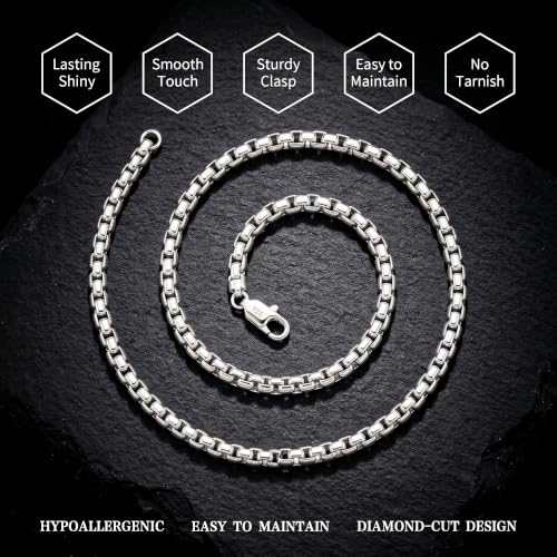 HIMSTORY Silver Chain for Men 5mm/6mm Sterling Silver Over Round Box Chain | Diamond Cut Box Chain Silver Necklace Gifts for Men Father Husband 18/20/22/24/26 Inches