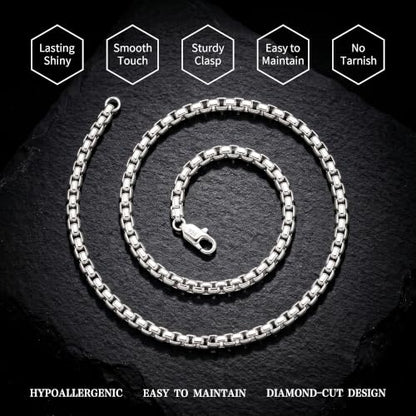 HIMSTORY Silver Chain for Men 5mm/6mm Sterling Silver Over Round Box Chain | Diamond Cut Box Chain Silver Necklace Gifts for Men Father Husband 18/20/22/24/26 Inches