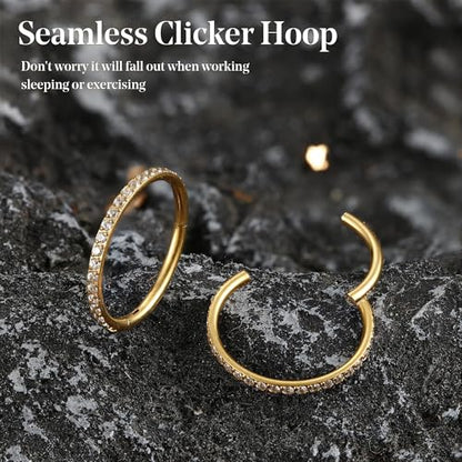 FASACCO 20G 18G 16G Cartilage Hoop Earring 316L Surgical Steel Silver Huggie Hoop Earrings Hypoallergenic Hinged Segment Rings Septum Nose Hoops Daith Conch Helix Tragus Piercing Jewelry 6mm/8mm/10mm - style: Gold-18G-10MM