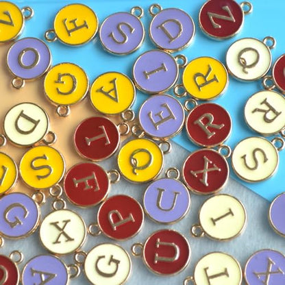 A-Z Letter Charms Round Enamel Alphabet Initial Pendant for Jewelry Making,Double-Side for Necklace Bracelet Earring DIY Craft - color: 4 sets(104pcs)-Red,Yellow,Purple,Golden