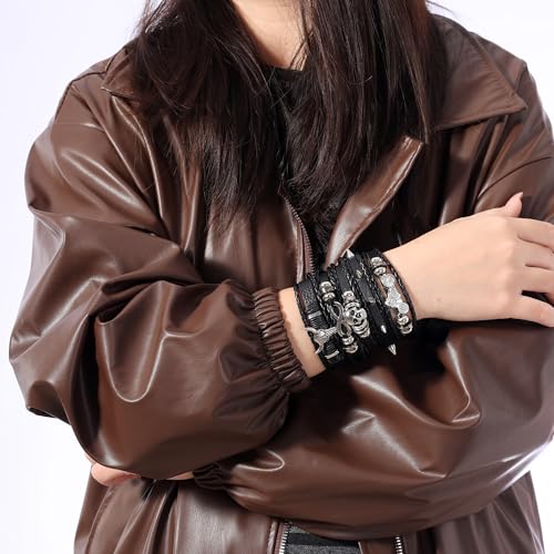 Braided Faux Leather Bracelet Punk Cuff Wrap Bracelets for Men Women Skull,Star,Bull bracelets - color: A7:5PCS