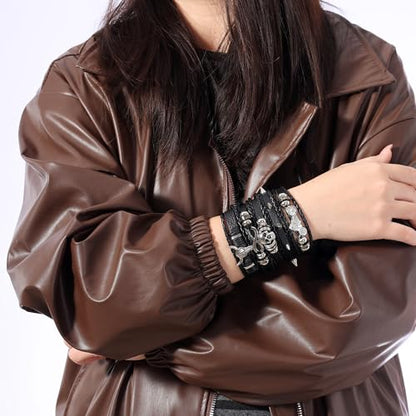 Braided Faux Leather Bracelet Punk Cuff Wrap Bracelets for Men Women Skull,Star,Bull bracelets - color: A7:5PCS