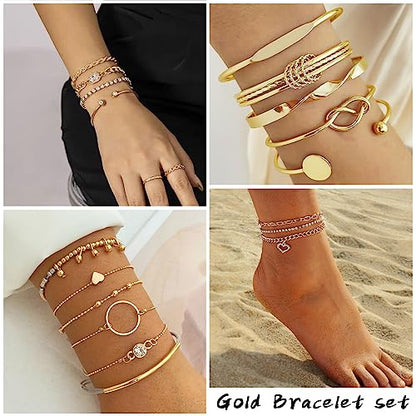 IFKM 6 PACK (24 PCS) Boho Gold Chain Bracelets Set for Women, 14K Gold Plated Multiple Layered Stackable Open Cuff Wrap Bangle Adjustable Link Italian Cuban Jewelry for Women Gift - style: 27PCS Gold Thin Chain