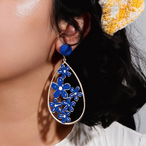 Boho Raffia Flower Teardrop Earrings Cute Colorful Dangle Trendy Jewelry | Floral Drop Statement Big Dangling Earring Hypoallergenic Gold Fun Unique Summer Spring Beach Vacation Outfits for Women - color: Royal Blue