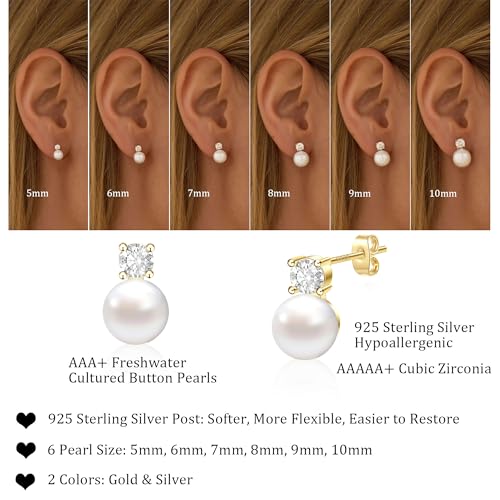 WFYOU Pearl Earrings for Women 925 Sterling Silver Stud Earring | 14K Gold Plated Hypoallergenic Stud Earrings, White Diamond Dainty Bridal Earring, Trendy Jewelry, Wedding Party Gifts - color: Gold B, size: 5mm