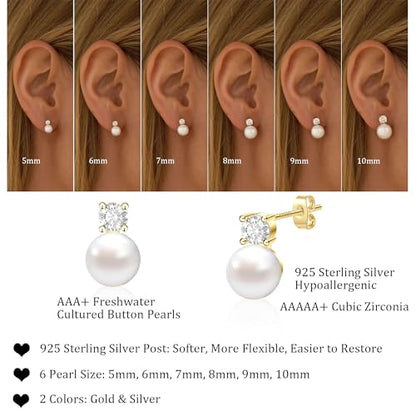 WFYOU Pearl Earrings for Women 925 Sterling Silver Stud Earring | 14K Gold Plated Hypoallergenic Stud Earrings, White Diamond Dainty Bridal Earring, Trendy Jewelry, Wedding Party Gifts - color: Gold B, size: 5mm