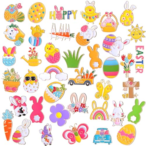 Giegxin 40 Pcs Easter Enamel Pins Bulk Spring Holiday Lapel Pin Bunny Backpack Cute Carrot Easter Eggs Flowers Butterfly Flower Basket Brooch for Women Girls Gifts - style: Easter
