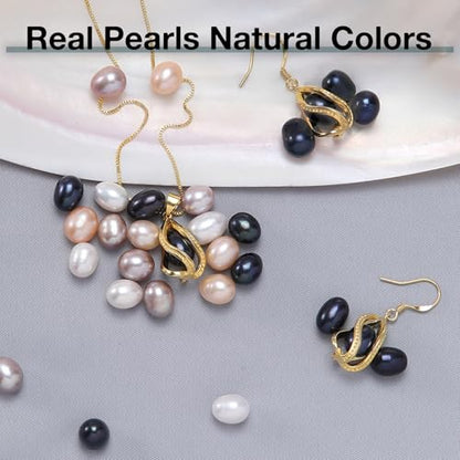 Pearl Jewelry Set For Women S925 Sterling Silver/14K Gold Plated Necklace & Earrings Set Freshwater Pearl Pendant Cage Set for Wedding Anniversary Prom Birthday Gift - color: Golden-Black
