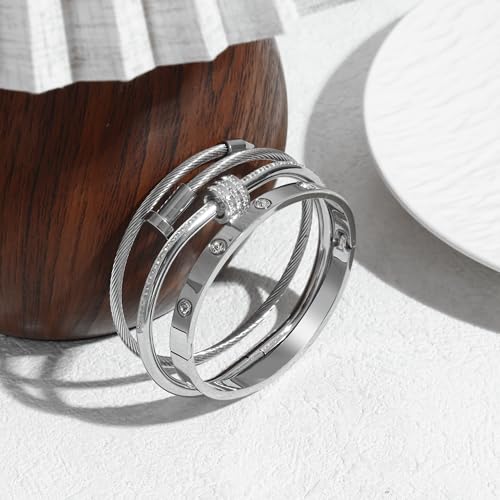 Women's Stainless Steel Bracelet Gold Plated Cuff Bangle With Cube Zircon Hinge Jewelry oval Bangle Witness the Gift of Love - color: 6mm Silver 3pcs-A
