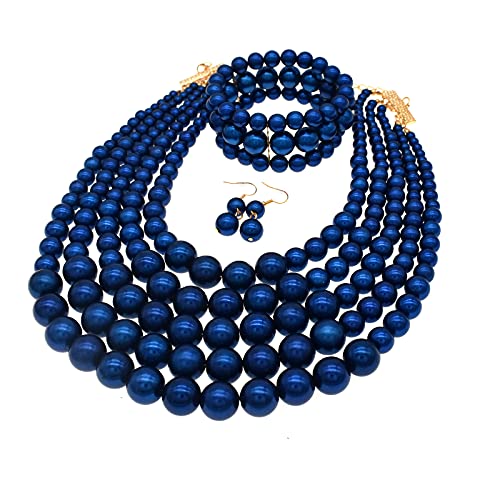 JNF Large Faux Pearl Necklaces for Women Multi strand Pearl Necklace Bracelet and Earrings Set 1920s Costume Pearls Necklace Jewelry Accessories - color: Royal blue pearl necklace