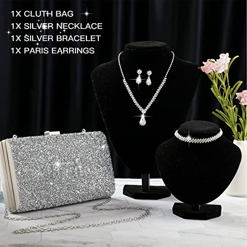 Mixweer 4 Pieces Clutch Purses Bag for Women Evening Rhinestone Jewelry Set Bling Necklace Earrings Bracelets Set for Wedding - style: Bright Style