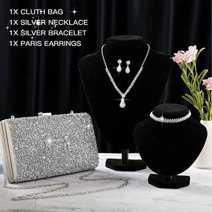 Mixweer 4 Pieces Clutch Purses Bag for Women Evening Rhinestone Jewelry Set Bling Necklace Earrings Bracelets Set for Wedding - style: Bright Style