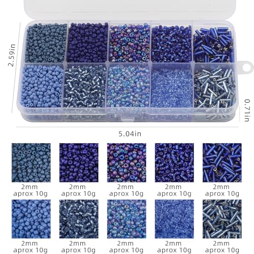 5000pcs Blue Glass Seed Tube Bugle Beads for DIY Jewelry Making | 12/0 Waist Beads Kit, Embroidery Beads, 2mm Small Tiny Beads for Bracelets Necklaces Earrings, 10 Colors - color: Dark Blue