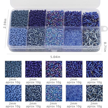 5000pcs Blue Glass Seed Tube Bugle Beads for DIY Jewelry Making | 12/0 Waist Beads Kit, Embroidery Beads, 2mm Small Tiny Beads for Bracelets Necklaces Earrings, 10 Colors - color: Dark Blue