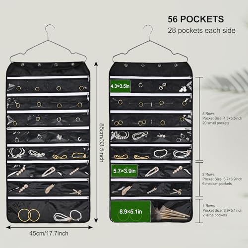 Hanging Jewelry Organizer Storage Roll 56 Zippered Pockets with Detachable Hanger Double-Sided Foldable, Travel Jewelry Holder for Earrings, Rings, Bracelets, Hanging on Closet, Wall, Door, Black - size: 56 Zippered Pockets