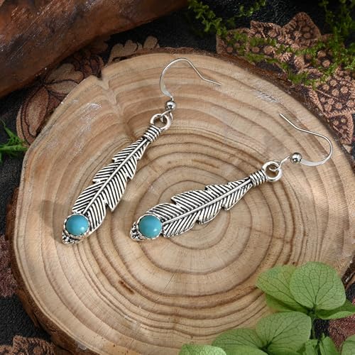 Bohemian Silver Feather Dangle Earrings for Women | Hypoallergenic Silver Turquoise Drop Dangle Earrings with Western Boho Jewelry