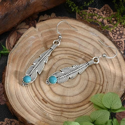 Bohemian Silver Feather Dangle Earrings for Women | Hypoallergenic Silver Turquoise Drop Dangle Earrings with Western Boho Jewelry