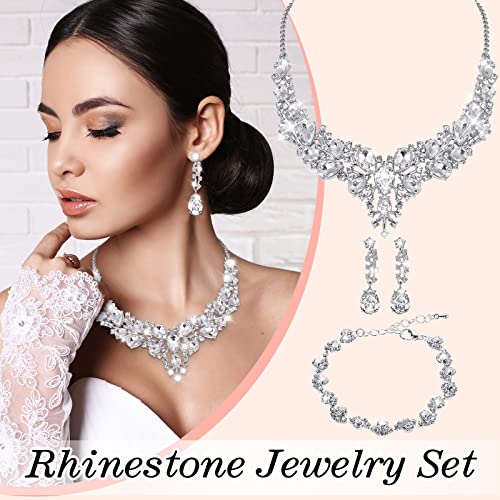 Jexine 6 Sets Silver Jewelry Set for Women Wedding Silver Crystal Rhinestone Necklace Earrings Bracelet for Bride Bridal Bridesmaid - style: Classic
