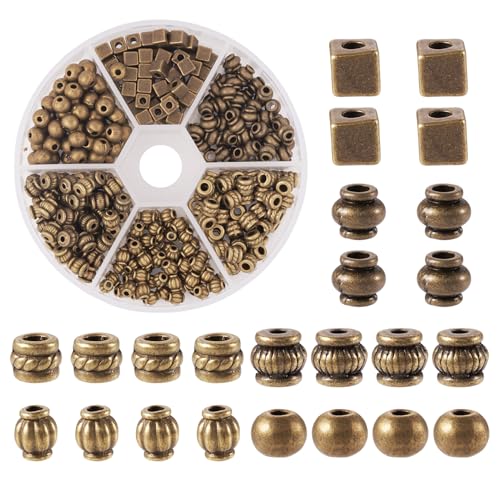 Craftdady 360Pcs Antique Bronze 6 Styles Spacer Beads Tibetan Metal Tiny Column Barrel Round Drum Cube Loose Beads for Jewelry Making Hole: 1-2.5mm - color: 6 Styles, 360Pcs, Antique Bronze