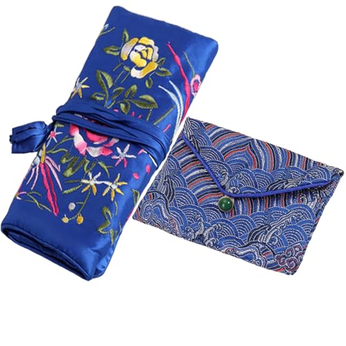 2pcs Embroidery Jewelry Roll Bags with Silk Purse Pouch Damask Cloth Brocade Organizer with Snap Button and Zipper Small Gift Bags for Travel Storage in Blue - color: 04 D Blue