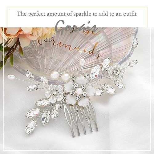 Bride Wedding Hair Comb Silver Flower Bridal Hair Piece Crystal Side Combs Hair Accessories for Women and Girls (A-Silver)