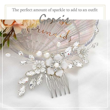 Bride Wedding Hair Comb Silver Flower Bridal Hair Piece Crystal Side Combs Hair Accessories for Women and Girls (A-Silver)