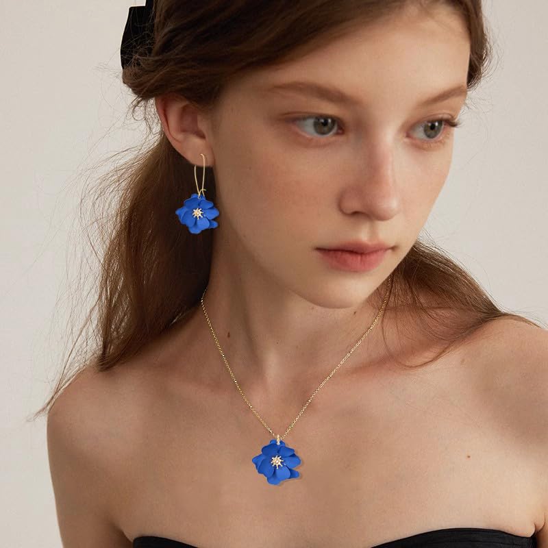 WCRAZYE Bohemian Daisy Flower Earrings Necklace Sets for Women Unique Trendy Boho Matte 3D Gold Flower Floral Petal Statement Earring Wedding Jewelry - color: Blue