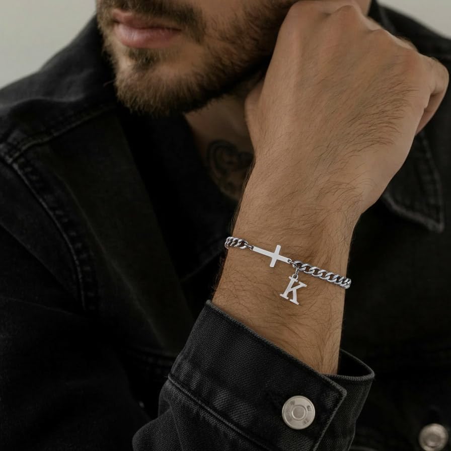 Cross Cuban Link Bracelets for Men Initial A - Z Faith Cross Bracelets, Stainless Steel Fashion Initial Charm Chain Bracelet Religious Jewelry Gift for Men - color: Silver E