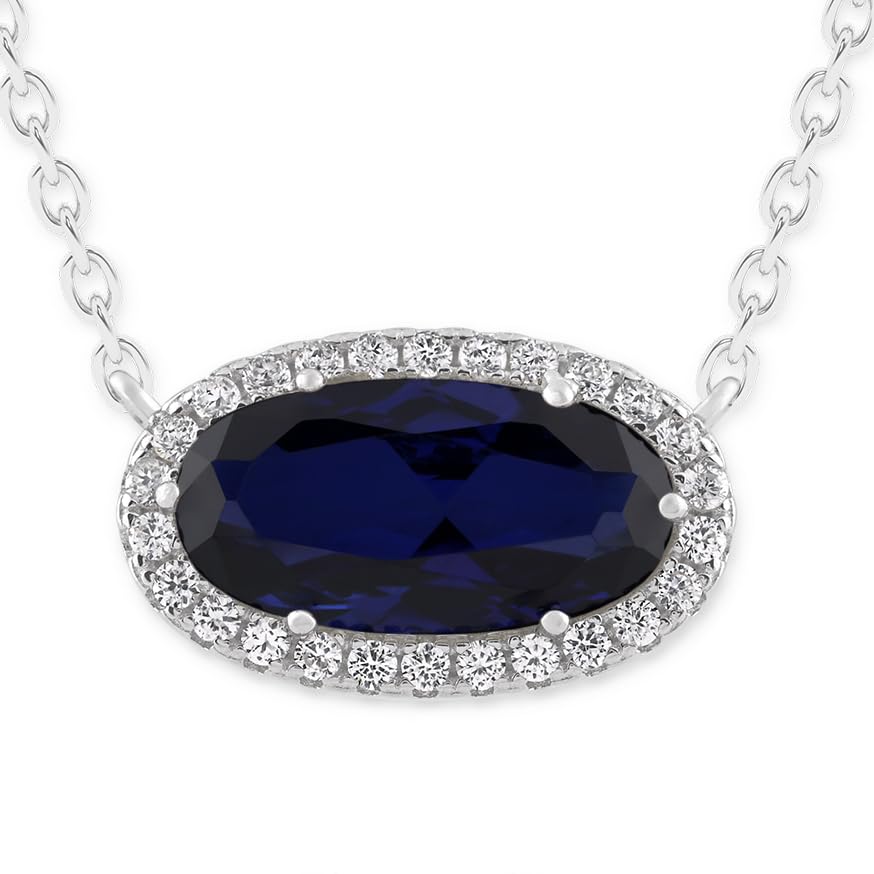 Belacqua Gemstone Necklace in Sterling Silver,Halo Pendant with Accent, Oval Cut 6 * 12mm, 15" Cable Chain with 2" Extender, Spring Ring Clasp, Dainty Birthstone Necklace for Women, Gift Box Included - color: 09-September-Bermuda Sapphire Blue