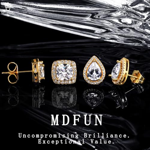 MDFUN Halo Stud Earrings 18K Gold Plated Round/Square/Heart/Teardrop Cubic Zirconia Earrings Set for Women - color: B-Square/Teardrop