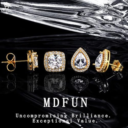 MDFUN Halo Stud Earrings 18K Gold Plated Round/Square/Heart/Teardrop Cubic Zirconia Earrings Set for Women - color: B-Square/Teardrop