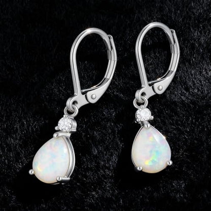 Dainty Opal Earrings for Women Sterling Silver Pear Oval Blue Opal Dangle Earrings Leverback Earrings Gold - color: leverback-white