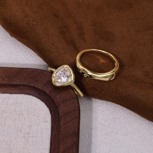 18K Gold & Silver Plated Stackable Ring Set for Women, CZ Curved Wave Stacking Bands, Statement Promise Rings for Wedding Engagement, Trendy Dainty Jewelry Gift - color: Gold 3
