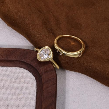 18K Gold & Silver Plated Stackable Ring Set for Women, CZ Curved Wave Stacking Bands, Statement Promise Rings for Wedding Engagement, Trendy Dainty Jewelry Gift - color: Gold 3