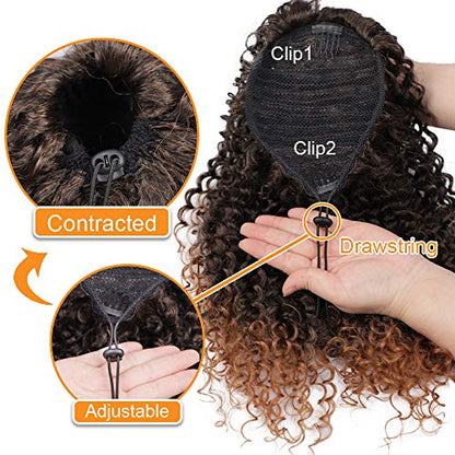 Vigorous Ponytail Extension 14Inch Drawstring Ponytail for Black Women Short Fluffy Afro Kinky Curly Pony Tails Hair Extensions (1B/33) - color: Mix Dark Brown(1B/33)