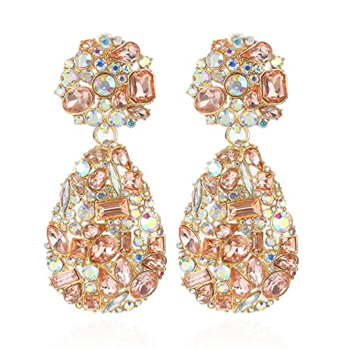 Rhinestone Statement Earrings Teardrop Costume Earrings Cluster Crystal Chandelier Drop Dangle Earrings for Women - color: Pink
