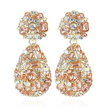 Rhinestone Statement Earrings Teardrop Costume Earrings Cluster Crystal Chandelier Drop Dangle Earrings for Women - color: Pink