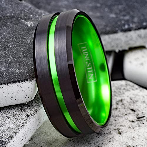 Personalized Engraved 6mm/8mm Black Tungsten Carbide Band Ring w/Bright Lime Green Stripe & Matching Lime Green Anodized Aluminum Inner Band feat. Comfort Fit.