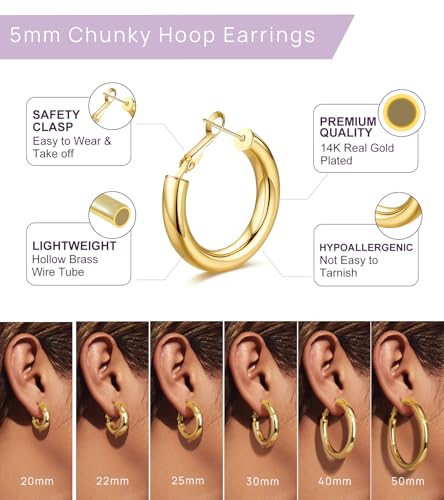 wowshow Gold Hoop Earrings for Women Chunky Hoops 14K Gold Plated Thick Hollow Tube Lightweight Earrings for Mother Birthday Gifts 20/25/30/40/50MM - color: Gold-20MM