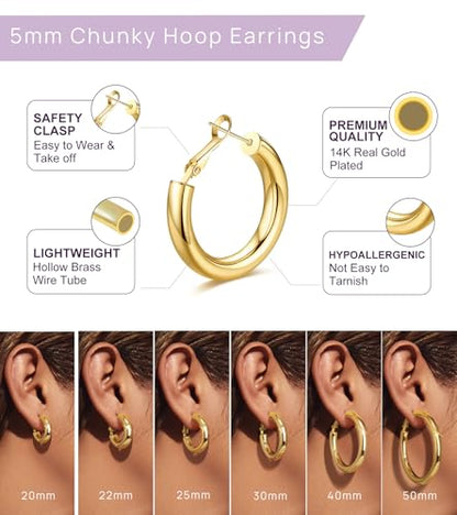 wowshow Gold Hoop Earrings for Women Chunky Hoops 14K Gold Plated Thick Hollow Tube Lightweight Earrings for Mother Birthday Gifts 20/25/30/40/50MM - color: Gold-25MM