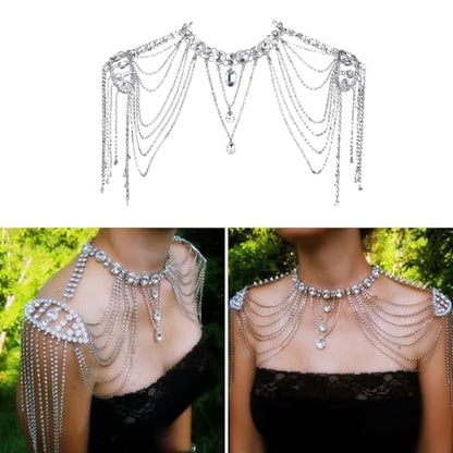 Crystals Tassels Shoulder Chain Necklace Multilayered Body Jewelry Accessory for Women Bridal Wedding Arm Supplies